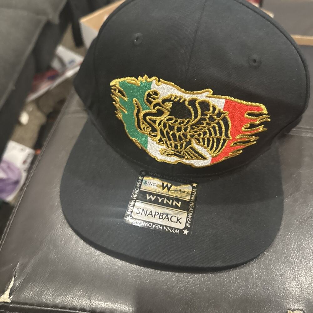 Wynn Headwear Mexico Flag Eagle Embroidered Black Snapback Hat Flat Bill